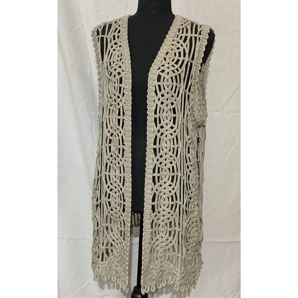 Crocheted Long Cardigan Beige Large Sweater Boho - Picture 1 of 5